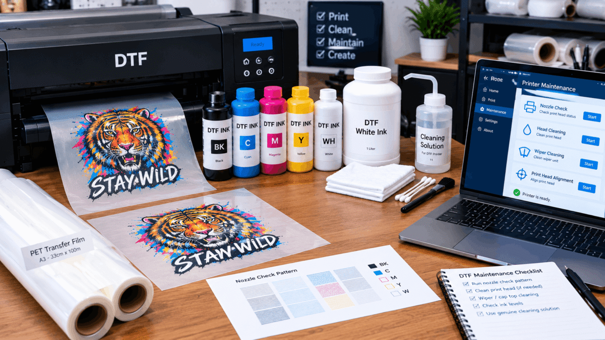 DTF printer maintenance routine with nozzle check, ink supplies, and cleaning equipment