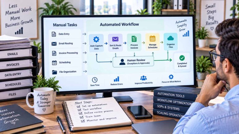 Automated repetitive business tasks moving through a digital workflow