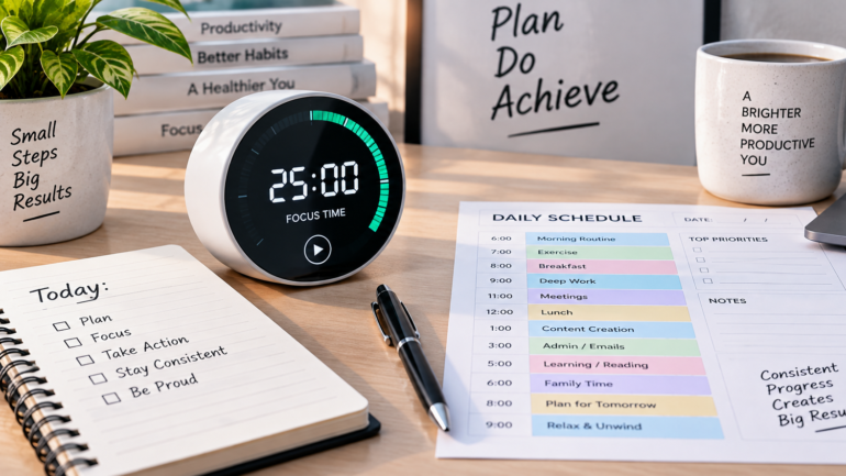 Minimalist digital timer resting beside a structured daily schedule planner
