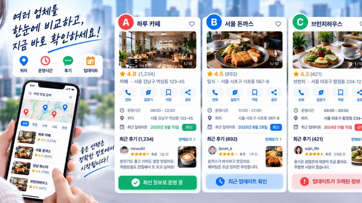 잘못된 정보 대응 플레이스에서 서로 다른 업체 정보를 비교하고 확인하는 화면