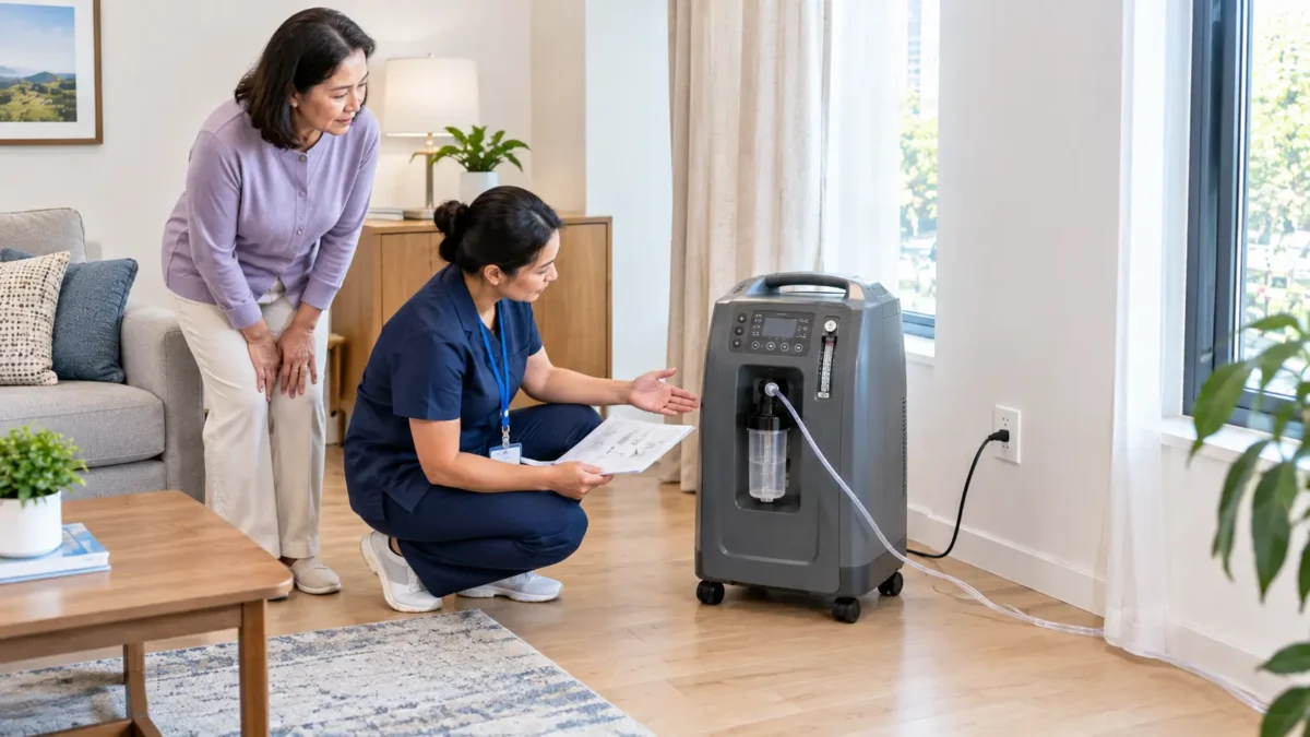 Home oxygen concentrator safety setup showing clear ventilation space, a suitable electrical outlet, and safely positioned oxygen tubing.