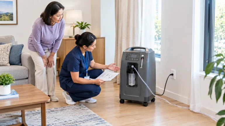 Home oxygen concentrator safety setup showing clear ventilation space, a suitable electrical outlet, and safely positioned oxygen tubing.