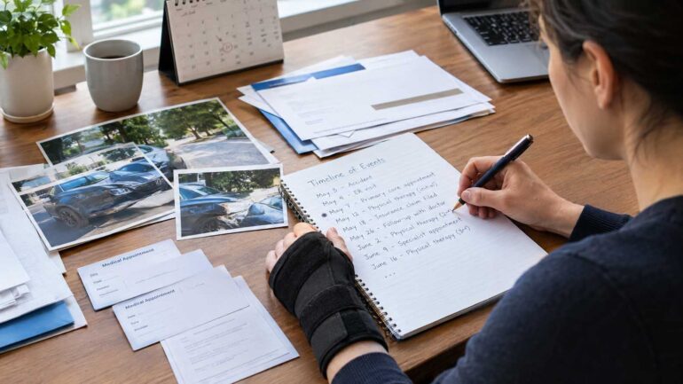 Person preparing a timeline of events after an injury using accident photographs, medical records, and dated notes.